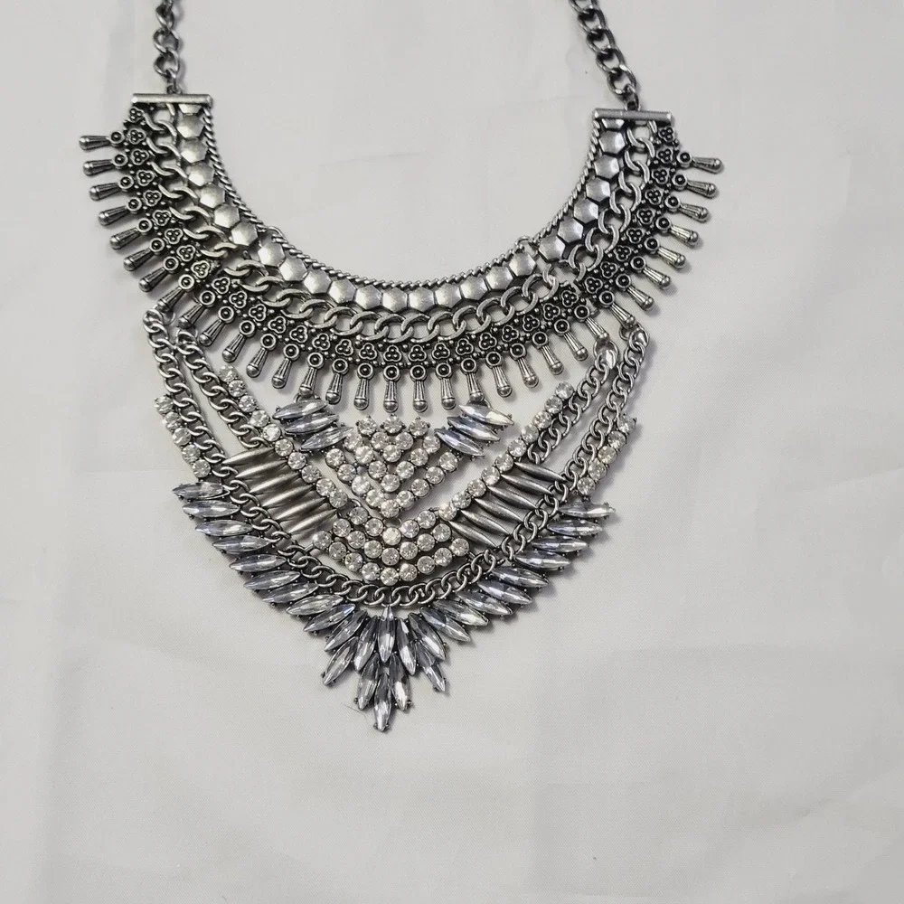 Women's Statement Bib Necklace OS Silver Rhinestone Tiered Boho Crystal U46